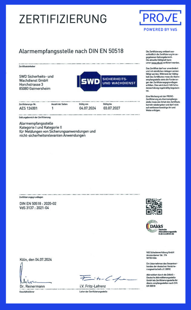 Zertifikat Alarmempfangsstelle DIN EN 50518 SWD GmbH.