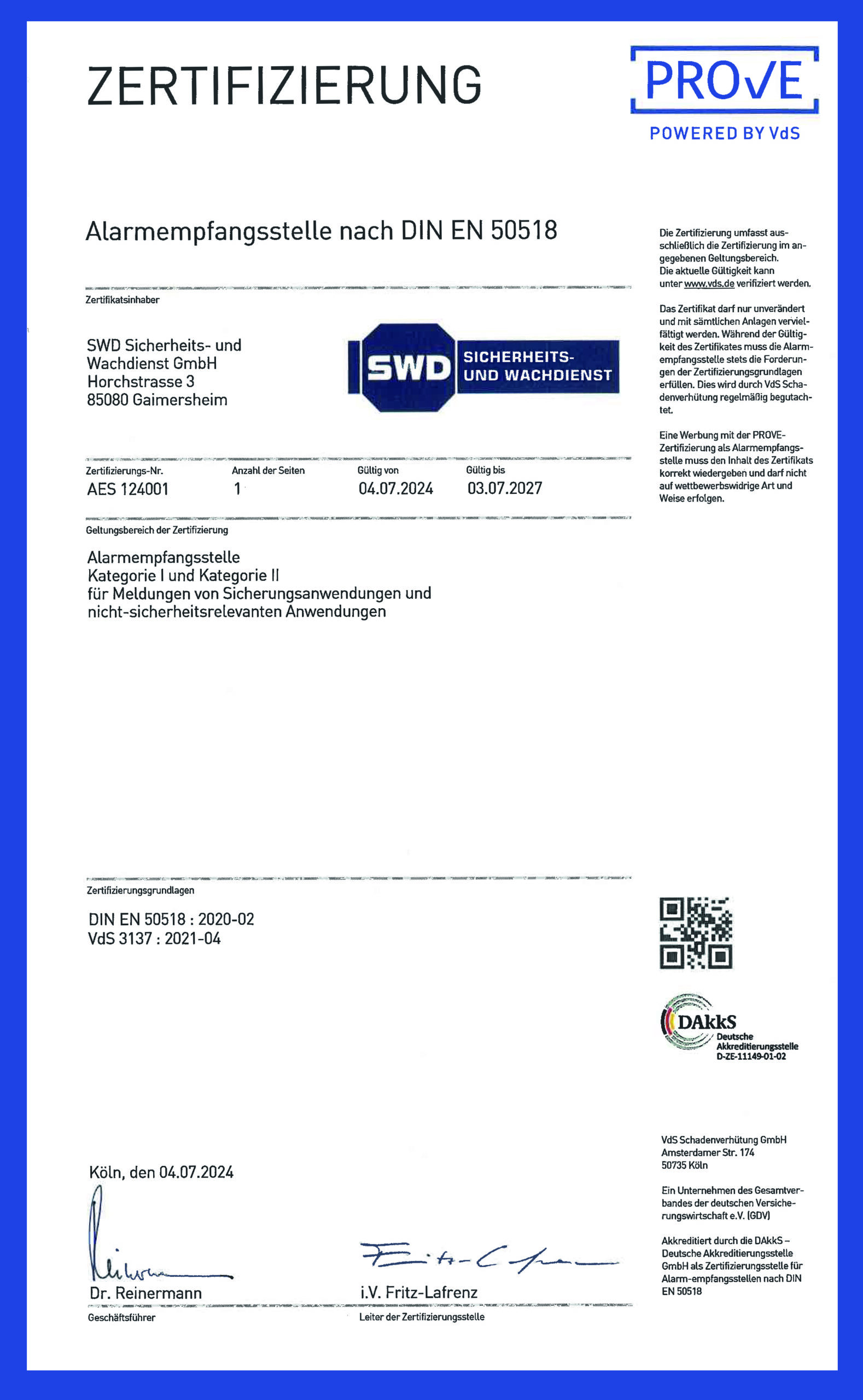 Zertifikat Alarmempfangsstelle DIN EN 50518 SWD GmbH.